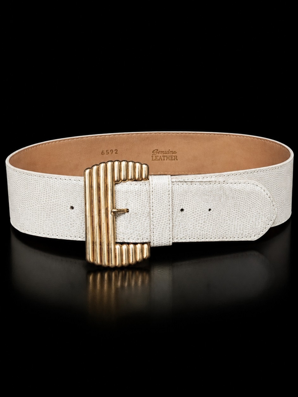 Vintage 80s Off White Lizard Embossed Leather Belt Gold Statement Buckle Small
